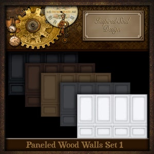 Könnte beinhalten: Satz von vier digitalen Papierhintergründen mit Holzvertäfelung in verschiedenen Farben, darunter Braun, Dunkelbraun, Schwarz und Weiß. Das Bild enthält den Text "Paneled Wood Walls Set 1" und eine dekorative Titelkarte mit dem Text "Inspired Soul Design".