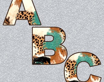 Western Cowhide, Leopard & Glitter Full Set of 26 Alphabet Monogram Letters - PNG Overlays