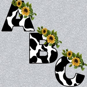 May include: Black and white cow print letters A, B, and C with yellow sunflowers and green leaves.