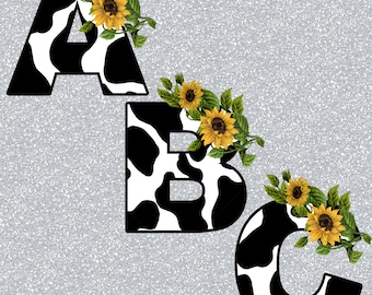 Cow Hide Print & Sunflowers Full Set of 26 Monagram Alphabet Letters - PNG And SVG File Overlays