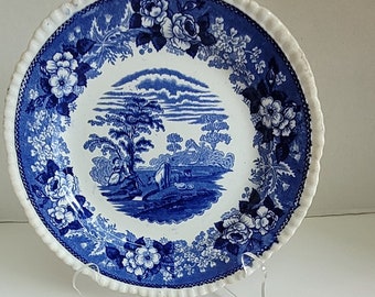 Vintage Blue and White Plate Adams China Cattle Scenery Beaded Scalloped Edge