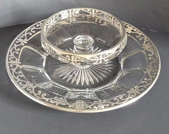 Vintage Silver On Glass 2 Tier Appetizer Dish