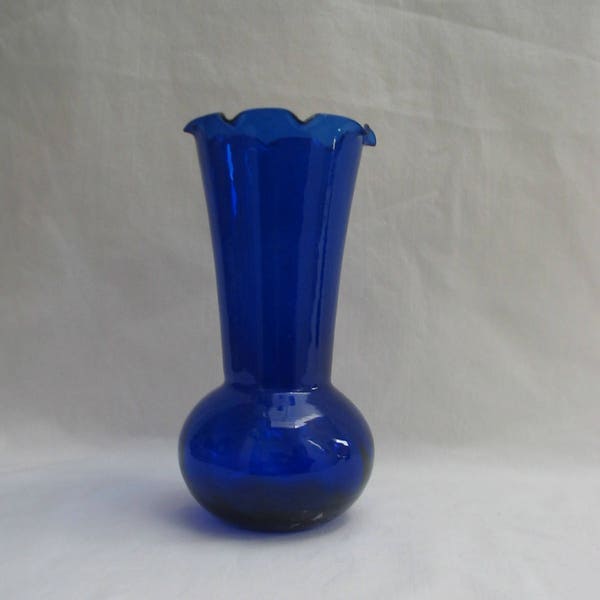 Hand-blown Cobalt Blue Glass Vase Ruffled Edge