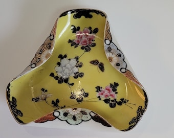 Vintage 3 Sided MCM Japanese Porcelain Dish Small Tray Yellow Floral Pattern