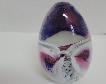 Small Oval Glass Paperweight Pink Swirls Initialed  Dated