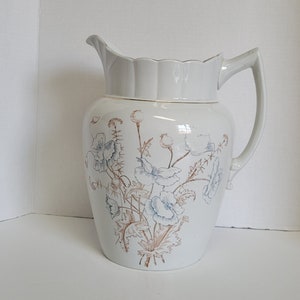 Vintage Antique Transferware Ironstone Water Pitcher Jug From Wash Set Brown Blue Poppies