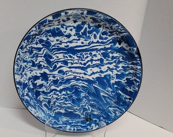 Vintage Blue and White Enamel  Swirling Enamel Tray Dish Platter Swirl pattern