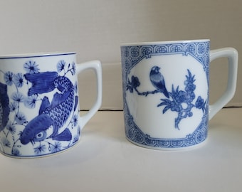 2 Blue and White Asian Mugs Carp On One Birds On A Branch On Another
