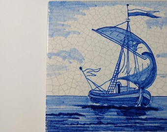 Vintage Blue And White Tile Boat On Water Painted Holland Dutch