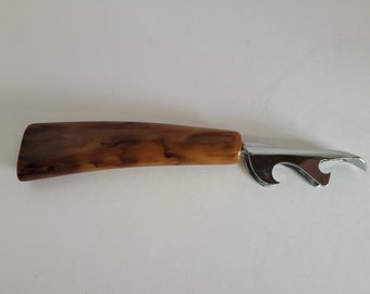 Vintage Lucite Handle Bottle Opener Imitation Horn Brown Swirl