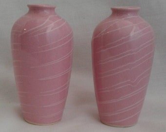 2 Vintage 1950s Pink  Ceramic Vases White Swirl Design