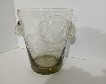 Green Glass Ice Bucket  Etched Grapes And Grape Leaves
