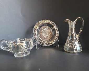 3 Piece Set Silver Overlay On Glass Cruet Small Plate and Bowl With Handle
