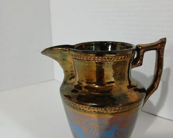 Vintage Antique Brown Copper Lusterware Pitcher With Blue Decoration