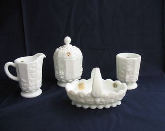 Vintage 1950s Never Used 4 Piece Set Paneled Grape Westmoreland Milk Glass Sugar Bowl Creamer Spooner  Candy Basket Dish