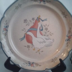 Set von 8 Marmelade Muster 7 1/2 Zoll Teller International China Vintage 1980er Jahre Gänse und Obst Birne