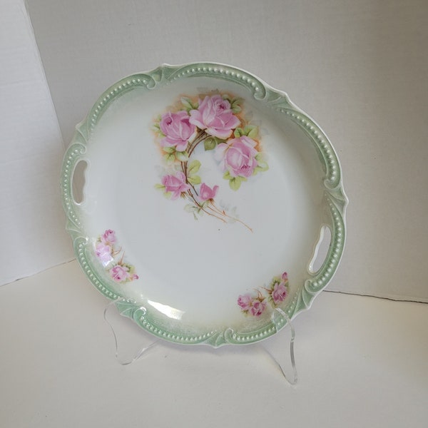 Vintage Antique Porcelain Cake Plate Pink Roses PK Silesia Early 20th Century Romantic Cottage Style