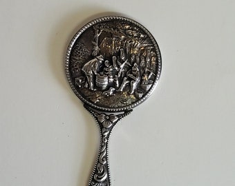 Vintage Made In Denmark Small Hand Mirror Beveled Repousse  Hans Jensen Hallmark Silver Tone