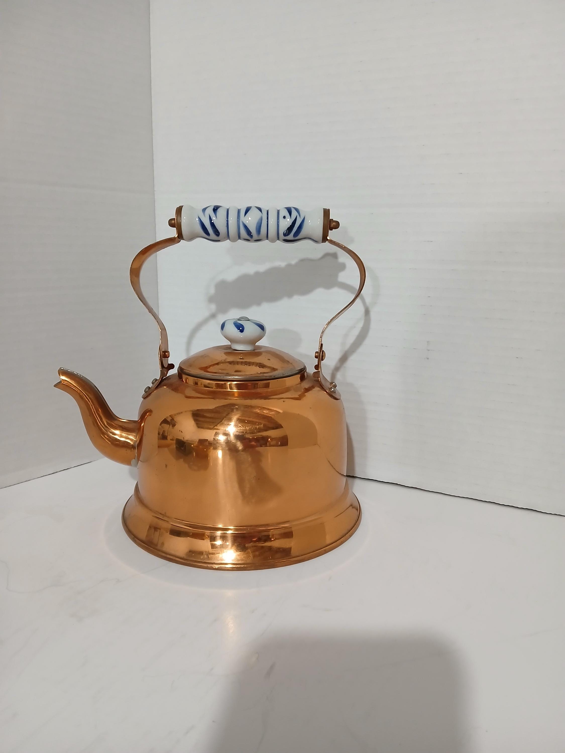 ヴィンテージ銅ケトル 青と白のハンドルとノブ - Etsy 日本