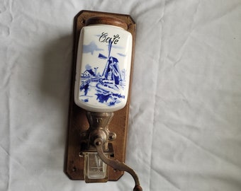 Vintage Antique Blue And White Ceramic Wall Hanging Coffee Grinder