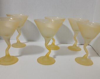 Set of 6 Libbey Yellow Frosted Satin Z Stem Watusi Martini Glasses