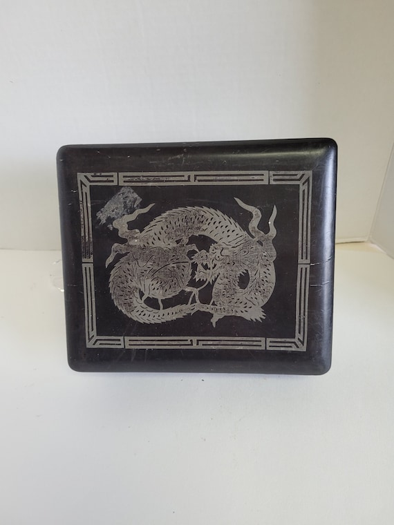 Vintage Japanese Black Lacquer Box Silver Dragon … - image 1