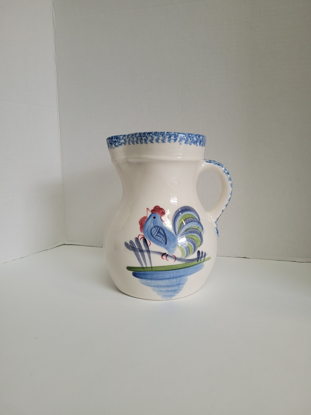 Blue and White Spongeware Pitcher Rooster Vintage Designcraft