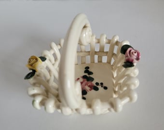 Small Vintage Ceramic Basket Decorated With Tiny Roses Made In Italy