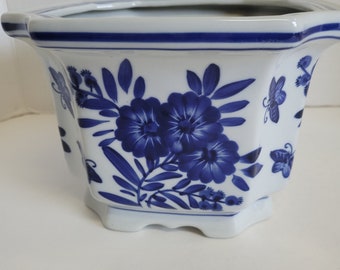 Vintage Planter Blue White Cache Pot Square Octagon Floral Pot Chinoiserie  Butterfly Design Plant Holder