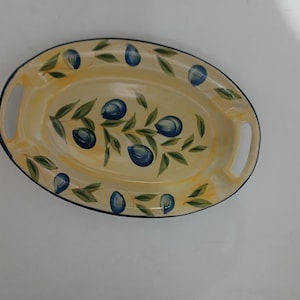 Yellow Platter With Painted Plums In The Style Of Italian Ceramic