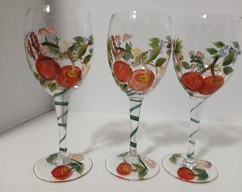 Set Of 3  Wine Glasses  Decorated With Painted Fruit Grapes Apples Pears