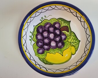 Made in Portugal Handpainted Ceramic Red Clay Deep Serving or Fruit Bowl Blue White Yellow