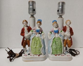 Made In Occupied Japan Pair Of Porcelain Lamps Colonial Couple