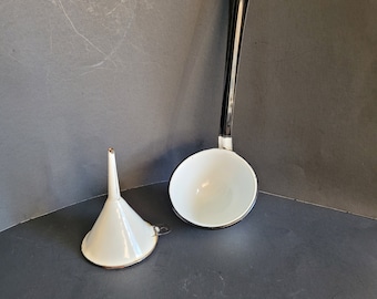 Vintage White and Black Enamel Ladle and Funnel