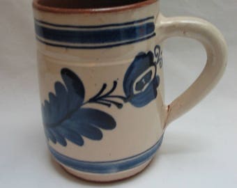 Handled Romanian Korund Corund Pottery Stein Mug Blue and White