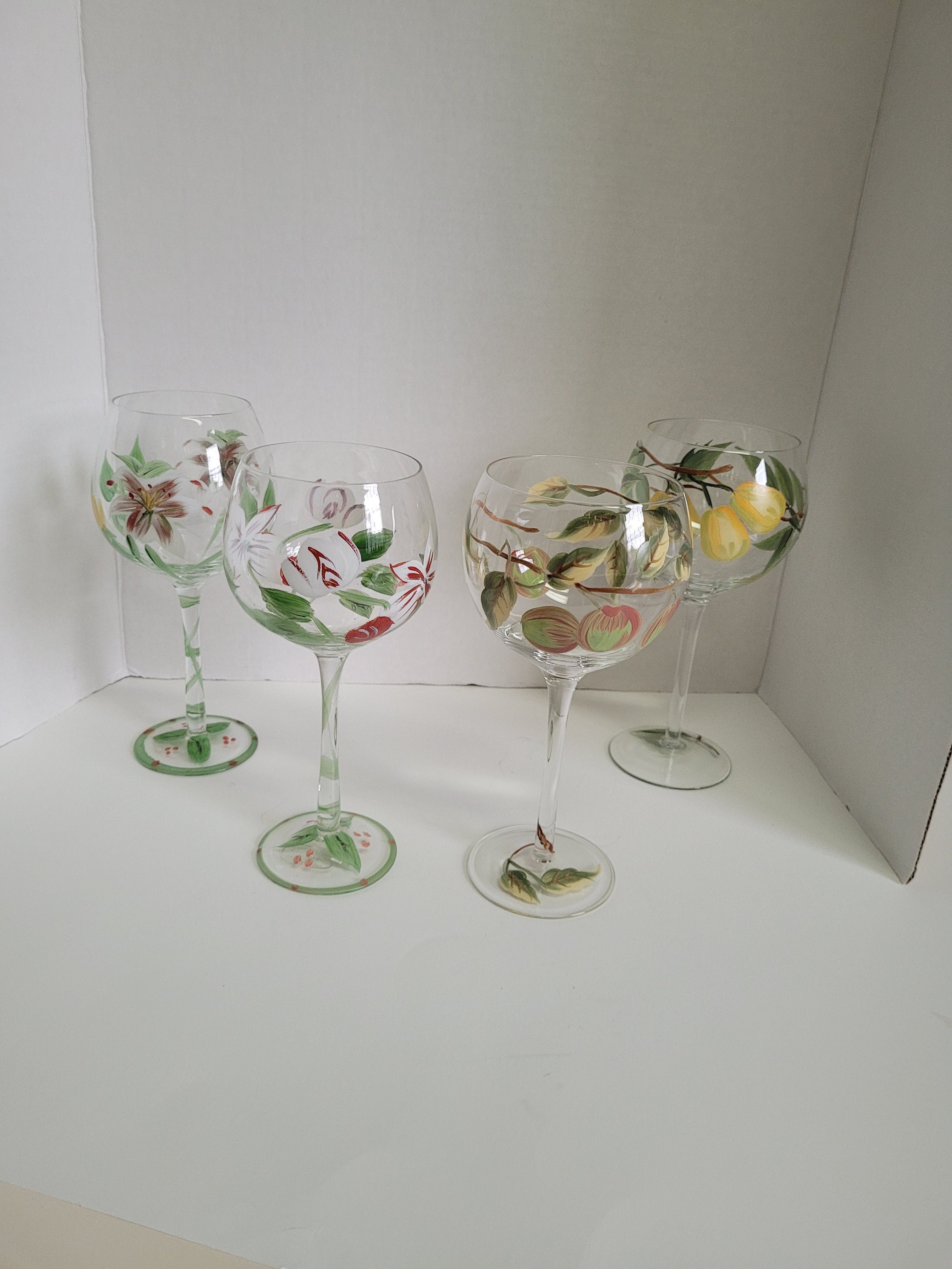 2 Hand Painted Long Stem Wine Glasses Peaches Pears Grapes Marked 1672   