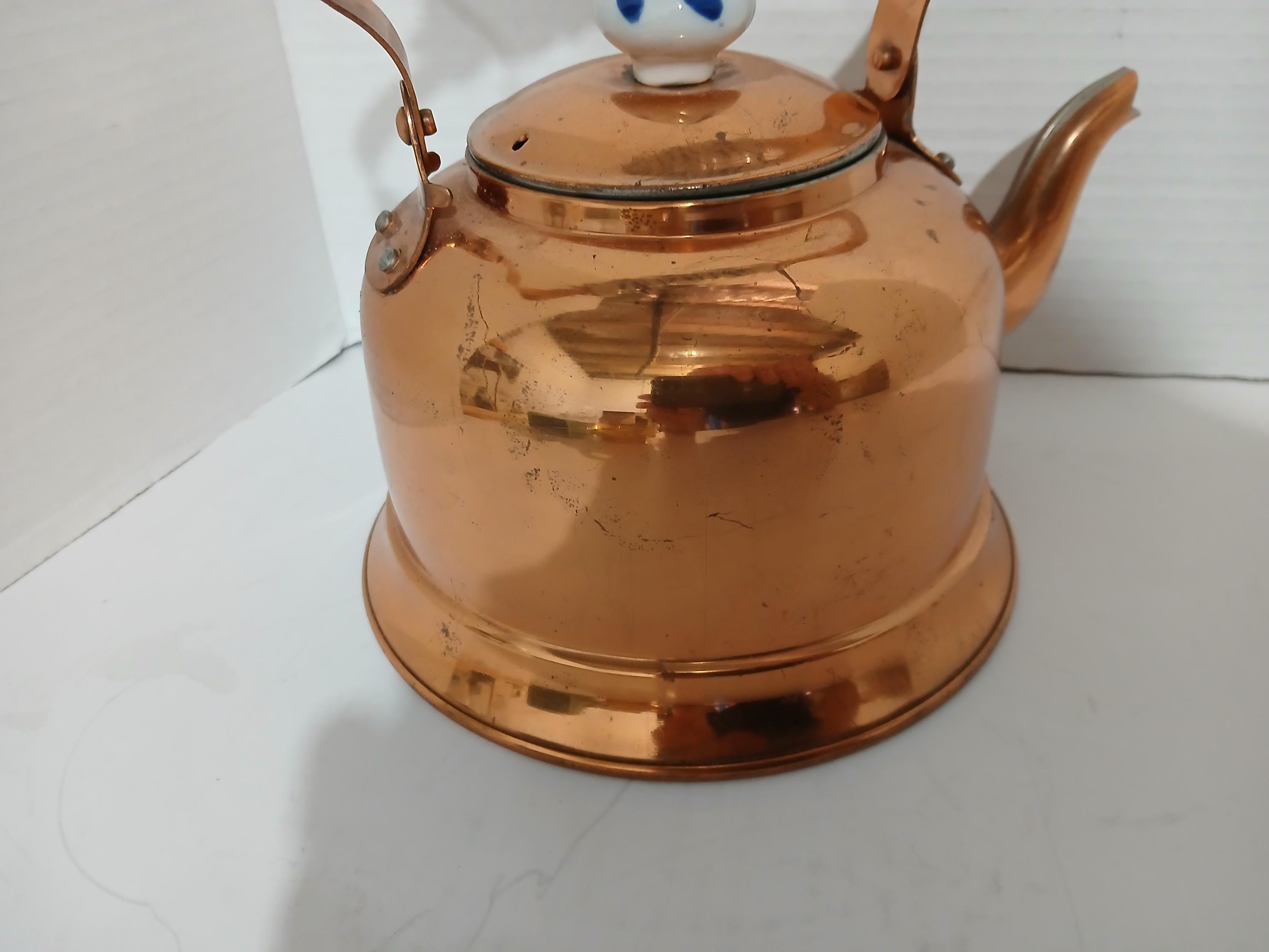ヴィンテージ銅ケトル 青と白のハンドルとノブ - Etsy 日本