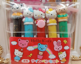 Vintage Hello Kitty Felt Tip Pen 5 Colors Pack Assorted Colors Mascot topper Magic Color Pen