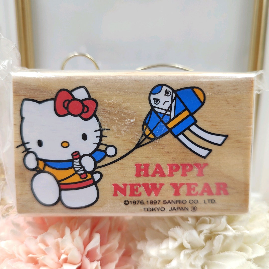 Vintage 1997 Hello Kitty Rubber Stamp Happy New Year Wooden Etsy
