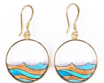 Ocean Eco-friendly Recycled Wood Gold Earrings | Upcycled Dangle Earrings | Sustainable Jewellery
