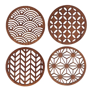 Japanese Patterns Upcycled Teak Wood Coasters - Individual / Set of 4