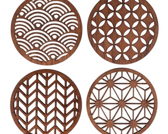 Japanese Patterns Upcycled Teak Wood Coasters - Individual / Set of 4