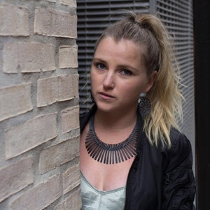 Vegan and eco-friendly Fishbone Statement Necklace for Women made from recycled inner tube. Unique sustainable fashion accessory