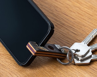 Upcycled Skateboard Mobile Holder Keyring | Multipurpose Vegan Keychain | Phone Stand & Earphone Organiser Keyring