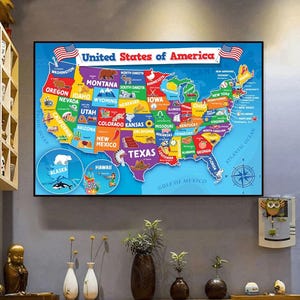May include: A framed map of the United States of America, featuring each state in a different color. The map includes the names of the states and the surrounding oceans. Two American flags are at the top.