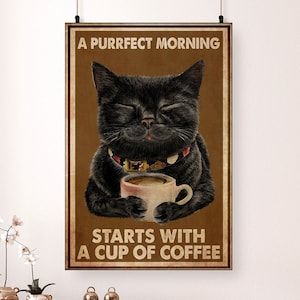 A Purrfect Morning Starts With A Cup Of Coffee Poster, Funny Cat Art Print, Skeleton Cat Wall Art, Vintage Coffee Lover Decor