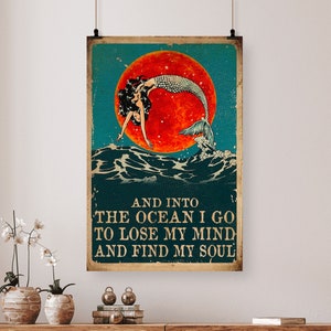 Affiche de sirène dans l'océan, je vais perdre la tête et trouver mon âme, affiche de natation vintage, impression d'art de natation de fille, cadeau de natation