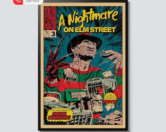 May include: A framed comic book cover for "A Nightmare on Elm Street." The artwork features a menacing figure with bladed fingers, wearing a striped sweater and hat. Text includes "A Nightmare on Elm Street" and "Dream Warriors!"
