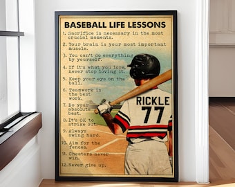 Pôster personalizado com lições de vida sobre beisebol, em tela, estilo vintage, presente para fãs de beisebol, pôster de beisebol, decoração para quarto com tema de beisebol