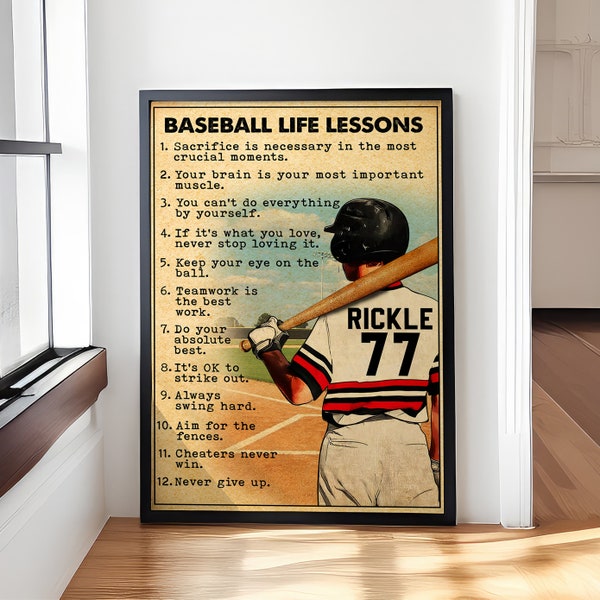 Personalized Baseball Life Lessons Poster, Canvas, Vintage Style, Baseball Gifts, Baseball Poster, Baseball Room Decor